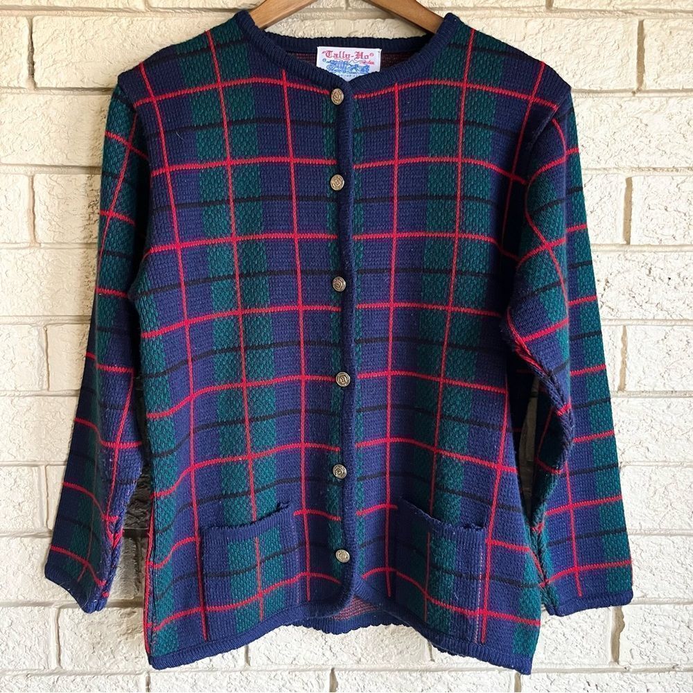 Vintage Christmas Plaid Tally Ho Cardigan size small Womens